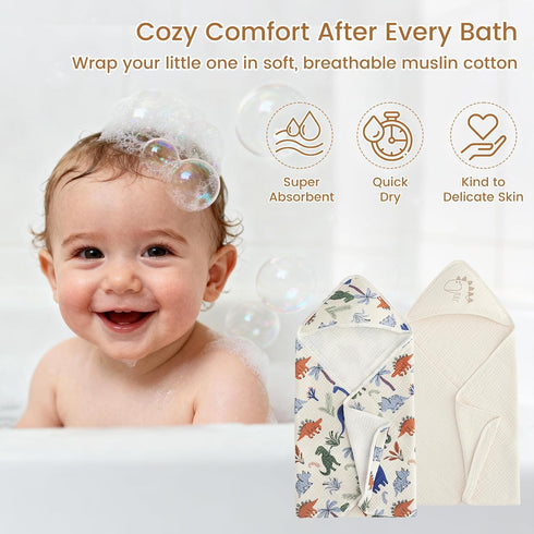 2 Pack 32"x32", 6 100% david's kids Hooded Baby Towels, Large Layer Muslin Cotton Highly Absorbent Boy Bath Towel