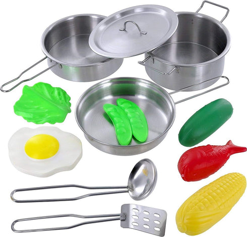 Playset Set 3 12 Click N Play Kids Kitchen Pretend Play Toy, Toddlers Stainless Steel Pot and Pans Cookware