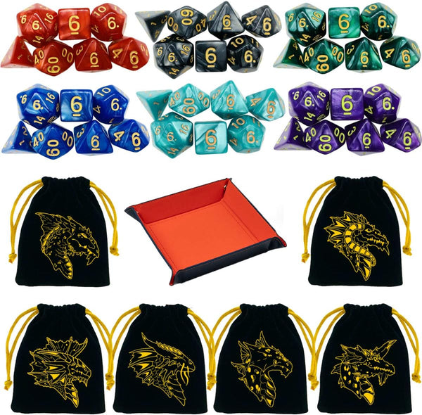6 Sets DND Polyhedral Dice, Dungeons and Dragons Rolling Dice for RPG MTG, Bulk with 6 Drawstring Bags & PU Leather Tray