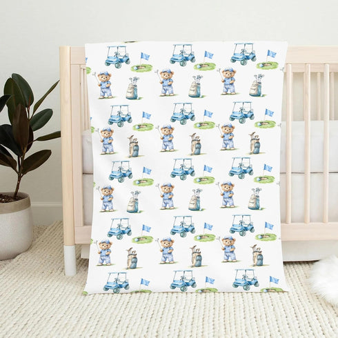 Wicbfdfv 60x80inch Cute Bear Golf Cart Blue Baby Blankets for Boy Girl Bears Sport Golfing Flag Club Flannel Fleece