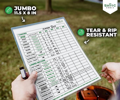SWOOC Games - 5 Big Laminated Yardzee & Farkle Score Cards with Rules - Jumbo Score Sheet for Outdoor Dice Games