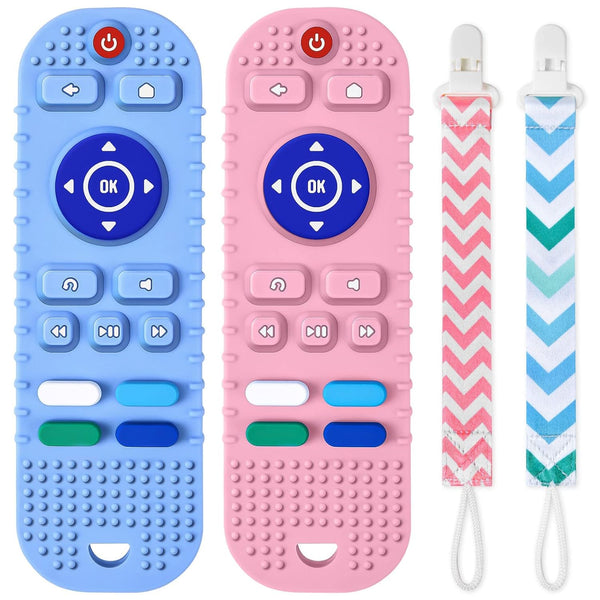 Baby Teether Toys 2PCS Silicone Remote Control Shape with 2PCS Pacifier Clip, BPA-Free for 3-24 Months