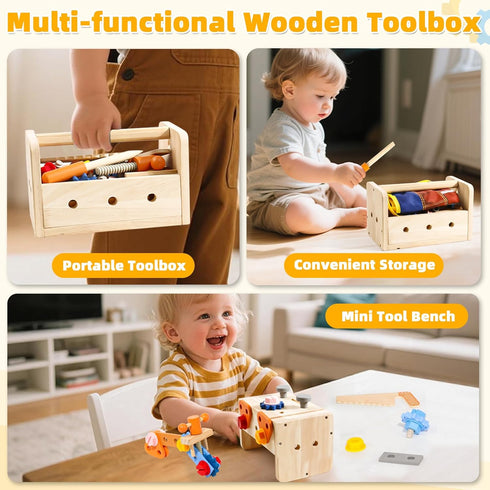 Set 39 2 3 4 3-5 TONZE Kids Tool with Apron, PCS Wooden Toddler Tool Bench Box Montessori Toys for Year Old Boys Girls