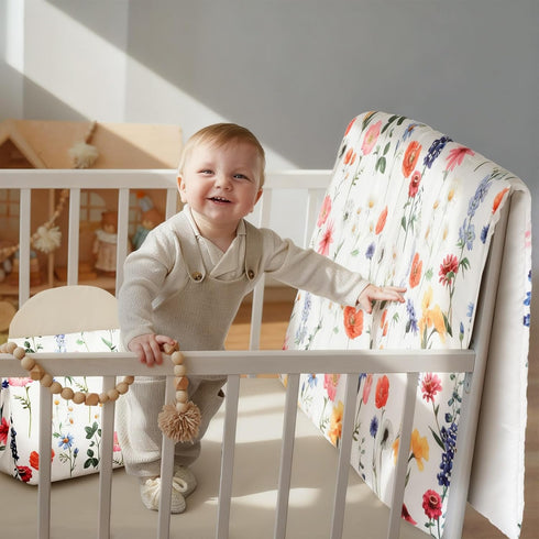 4 Set Oudain Piece Spring Flower Crib Bedding Including Spring Wild Flower Crib Skirt, Blanket, Sheet and Diaper