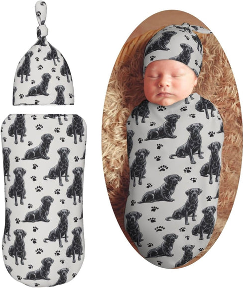 Cute Black Labrador Retrievers Newborn Swaddle Blankets Hat Sets Soft Baby Receiving