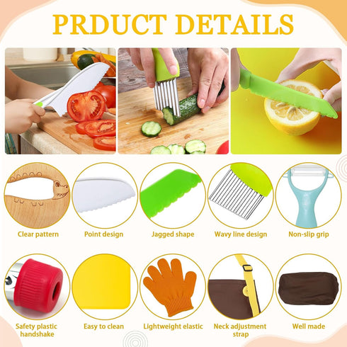 RISICULIS 14 Set Pieces toddler knife, Kids Knife Include Wood Kids Safe Knife, Plastic Toddler Knife, Cutting Board