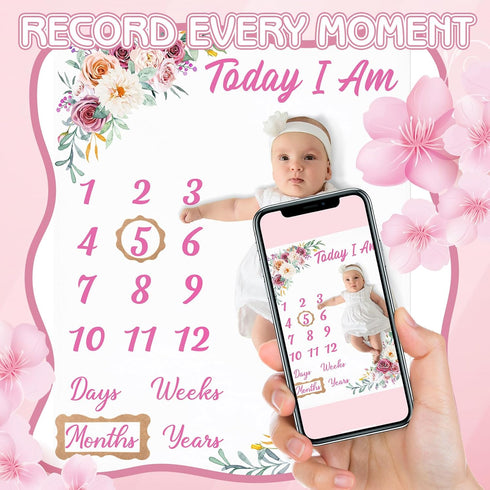 Floral Baby Milestone Blanket for Baby Girls Flannel Newborn Infant Swaddle Baby Growth Blanket Photography Background