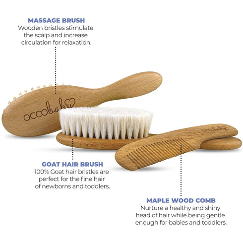 Set OCCObaby Wooden Baby Hair brush for Newborns & Toddlers - Soft Hair Brush for Baby Grooming - Baby Scalp Brush