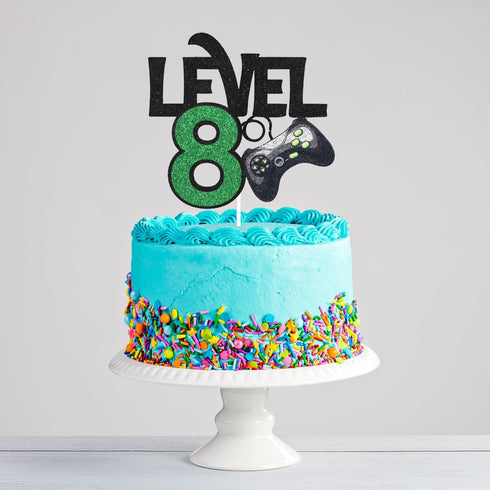 Level 8 Game Cake Topper - Video Game Boy's 8th Birthday Level Up Party Supplies, Gaming Party Decoration