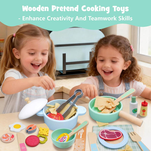 63PCS Set, Set, Sets SIMPLIPLAY Wooden Play Cooking Play Kitchen Accessories, Montessori Kitchen Play Food for Kids