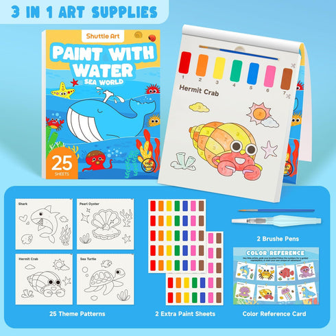 25 2 Set, Shuttle Art Paint with Water Coloring Book for Kids, Sea World Themed Pages with Brushes, Mess-Free