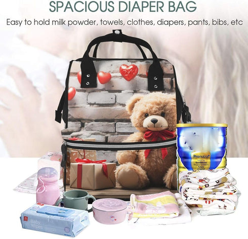 OUSIKA Backpack Daypacks Cute Bear Valentine Gift Print Diaper Bag Multifunction Laptop Travel Large Nappy Bag, Black