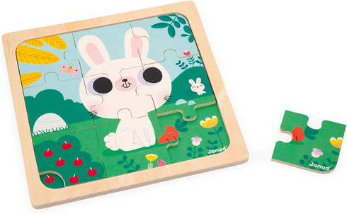 Janod 3x 9-Piece Wooden Puzzles - Hen, Cat & Rabbit Educational Toy for Children 18 Months+, J07113, Multicolor