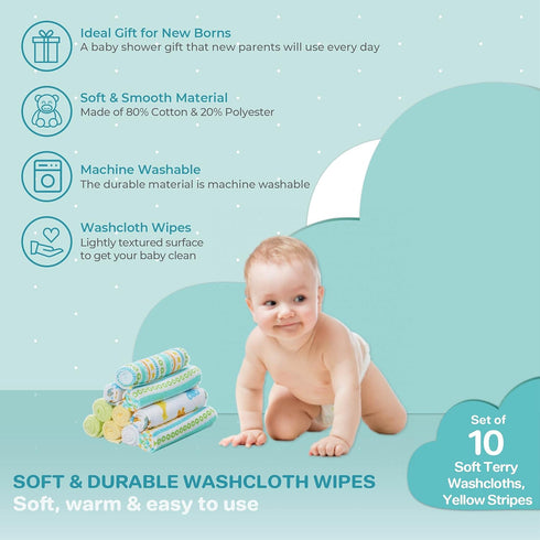Set Set, Pack 10, Spasilk Baby Washcloth Wipes for Newborn Boys and Girls, Soft Terry Washcloth of Yellow Lines