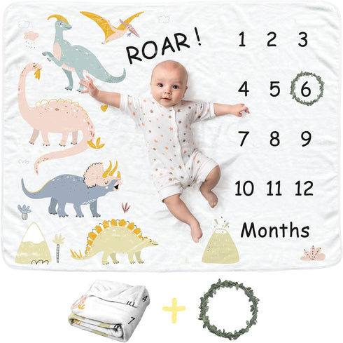 Dinosaur Baby Monthly Milestone Blanket for Boys, Soft Flannel Photography Background Prop, Personalized Shower Gift