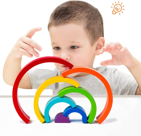 Wooden Rainbow Stacking Toy, Montessori Arch Bridge Building Blocks, Colorful Puzzles for Kids 2-5 Years Old, Rainbow