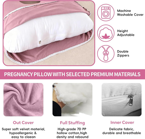 Wodsfay -65 Inch Pink-65inch) U-Shaped Pregnancy Pillow for Sleeping, Full Body Support for Back, HIPS & Belly