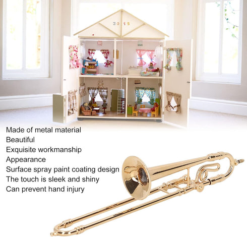 Copper Miniature Trombone with Stand and Case, Dollhouse Musical Instruments Accessories for Mini Musical Model
