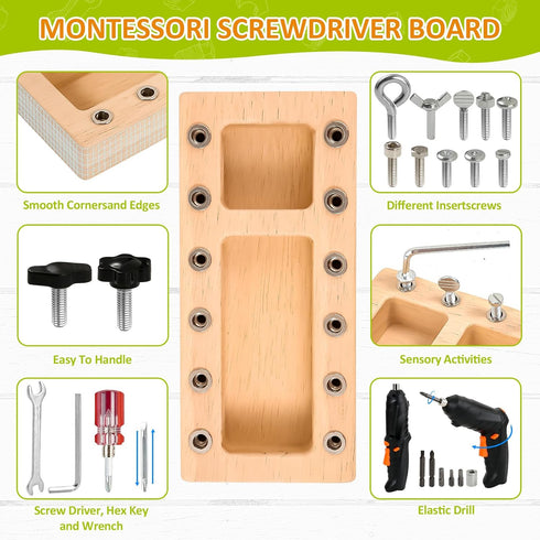 SANANT Set 3 4 5 Montessori Screwdriver Board with Electric Drill, Wooden Montessori Busy Board Toys Screw Driver
