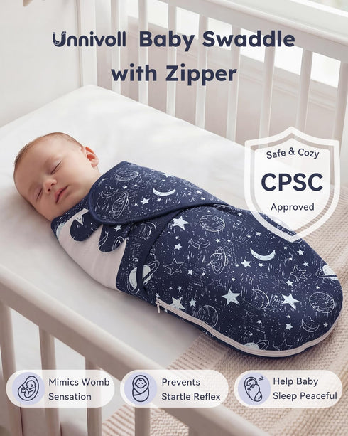 100% 3 Pack 0-3 Unnivoll Baby Swaddles for Newborns with Zipper, Cotton Newborn Swaddle Sack, Baby Swaddles Months