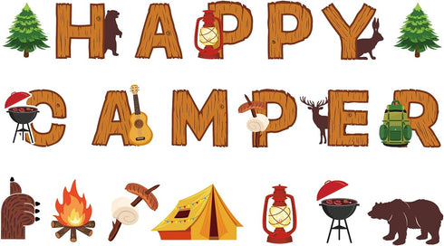 Camping Party Banner, Happy Camper Fun House Banner with Campfire Tent for Birthday Party Decorations