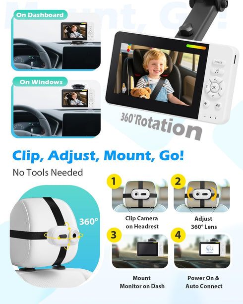 Elzeeo 1080P 360 Wireless Baby Car Camera with Upgraded Auto Night Vision, HD Car Baby Monitor with Adjustable, Easy