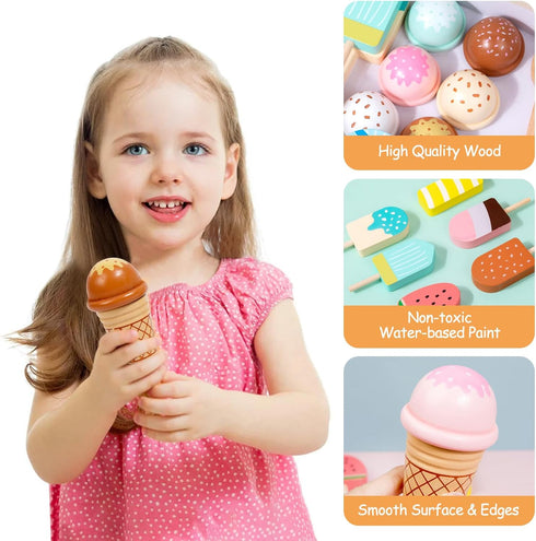 Set Counter 3+, Wooden Ice Cream Toy for Toddlers, Wooden Play Food Kitchen Accessories, Pretend Play Ice Cream Shop