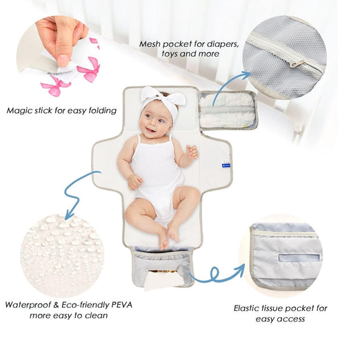 SDMKA Pink Bows Portable Diaper Changing Pad - Waterproof Travel Mat with Head Cushion, Diaper & Wipes Pockets