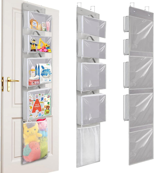 Over Door Organizer and Storage - Toy Hanging Container Holder with 4 Removable Clear Bins for Nursery, Bathroom