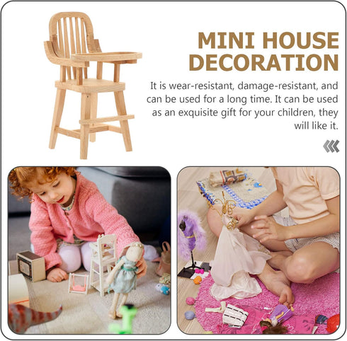 jojofuny Miniature Highchair Dollhouse Wooden High Chair 1:12 Scale Desktop Chair Accessories