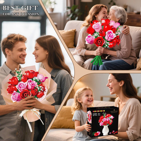 Set 16 387PCS HOGOKIDS Flowers Bouquet Building with Lights - Roses Bouquet Botanical Building Blocks Artificial Red