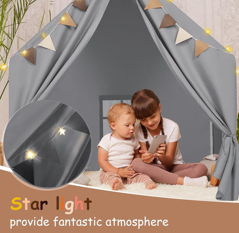 Kids Play Tent with Padded Mat & Star LED Lights for Ages 4-10, Large Indoor Play Room House Tent for Toddler Children