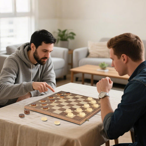 15" Set 8x8 24 OUMODA Walnut Magnetic Checkers Board Game - Folding Wooden Chessboard with Interlocking Pieces, Storage