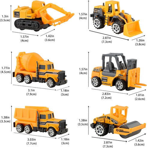 BenRich 6 Pcs Mini Die Cast Car Set 1/64 Scale Alloy Construction Trucks - Dump Truck, Excavator, Forklift, Road Roller, Bulldozer, Mixer Truck - Toy Cars for Kids Boys Girls Birthday Xmas Present