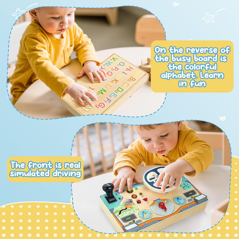 1 2 3 Busy Board Montessori Toys for Year Old, Wooden Toddler Sensory Toy Busy Board with LED Lights Sound Switch