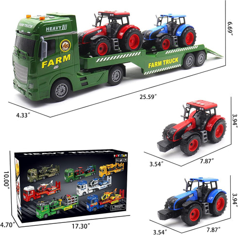 Yiwsnust 25.6 2 3-8 Large Flatbed Semi Truck, Large Farm Truck Toy with Tractors, Friction Powered Farm Transport Truck
