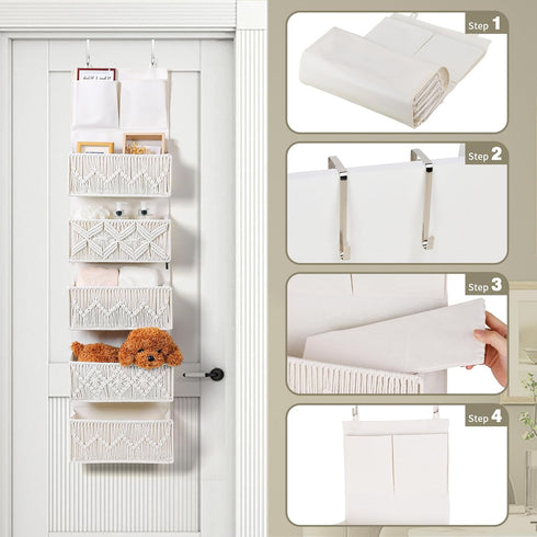 5 Closet ANTIS'S HOME Over the Door Organizer Macrame Boho Nursery Storage with Large Woven Pockets, Hanging Basket