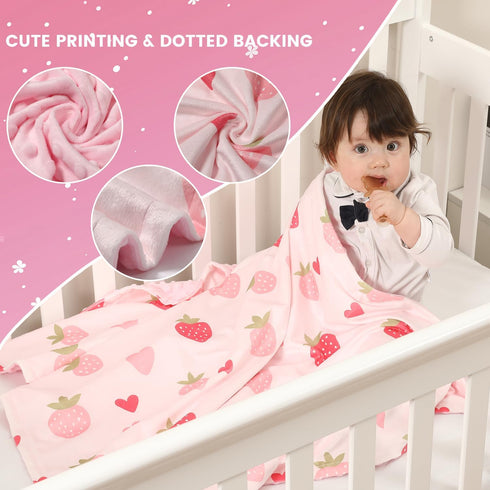 30x40 Inch Baby Blankets for Girls with Strawberry Pink, Super Soft Plush Lightweight Nursery Bed Blanket for Newborn