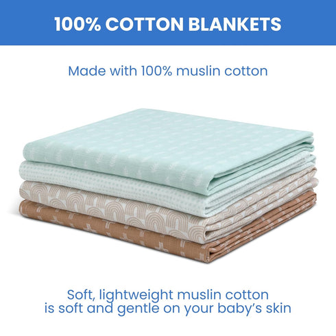 Delta Children 100% Cotton Muslin Baby Receiving Blankets, 47x47 Inches (Pack of 4), Neutral Boho