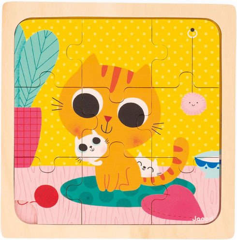 Janod 3x 9-Piece Wooden Puzzles - Hen, Cat & Rabbit Educational Toy for Children 18 Months+, J07113, Multicolor