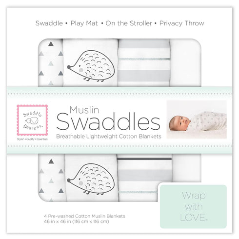 SwaddleDesigns Cotton Muslin Swaddle Blankets, Set of 4, Receiving Blankets for Baby