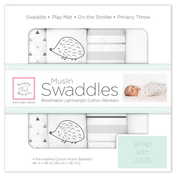 SwaddleDesigns Cotton Muslin Swaddle Blankets, Set of 4, Receiving Blankets for Baby