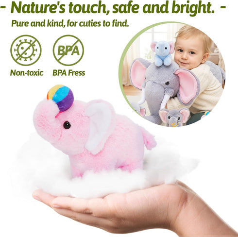 OUOZZZ 4 Set 14" 6.3" Elephant Stuffed Animal with Baby Elephants Interactive Plush Toy with Crinkly Ears, Rotating