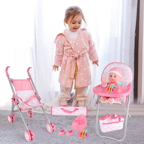 Set deAO Baby Doll Stroller Crib Bed Nursery Role Play Baby Doll Accessories and Play Mat,Travel Cot,Bouncer,Foldable