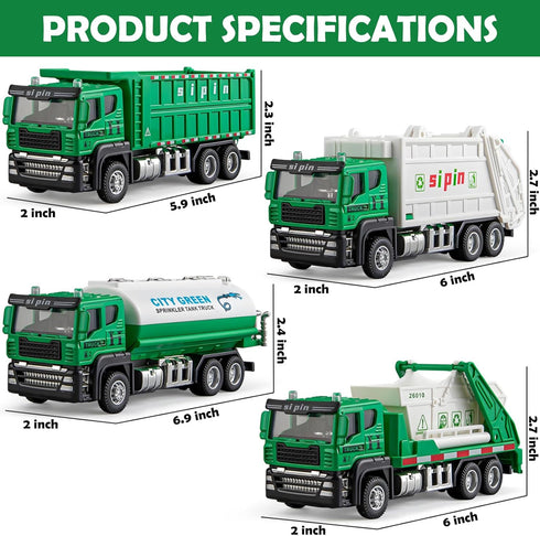 TAKGUD 4 Packs Set Die-cast Mini Garbage Truck Toy, Metal Trash Truck Vehicles for Kids, Friction Powered Recycling