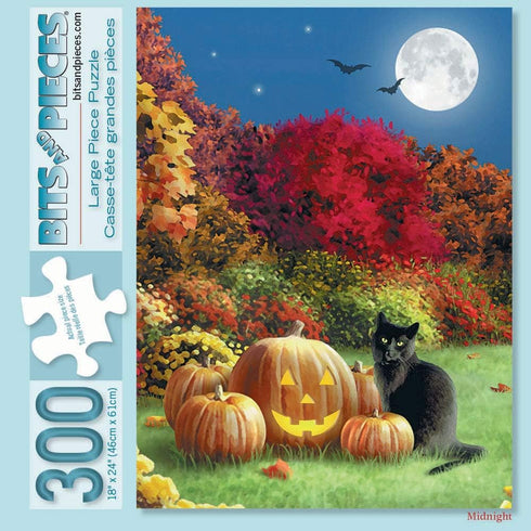 Bits and Pieces 300 Piece Jigsaw Puzzle - Midnight, 18" x 24", Halloween Black Cat Pumpkin by Alan Giana