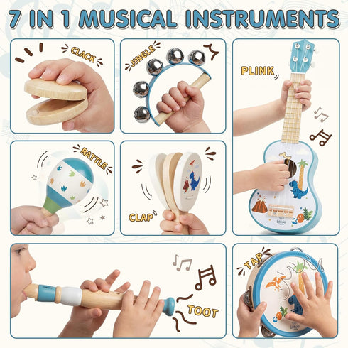 Set, 1-3, 7 1 Set Lehoo Castle Kids Guitar Dinosaur Guitar for Toddlers Wooden Montessori Musical Instruments
