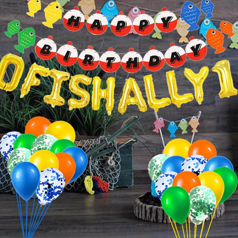 155 Pcs O Fish Ally 1 Birthday Party Decorations, Gone Fishing Balloon Garland Kit, and Cake Cupcake Topper