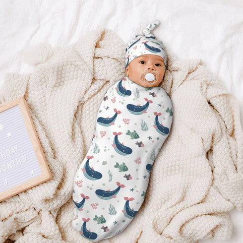 Sozzjile Set, Cute Whale Baby Stuff Swaddle Blanket with Beanie Fishes Ocean Newborn Blanket Swaddle Sack for Girls