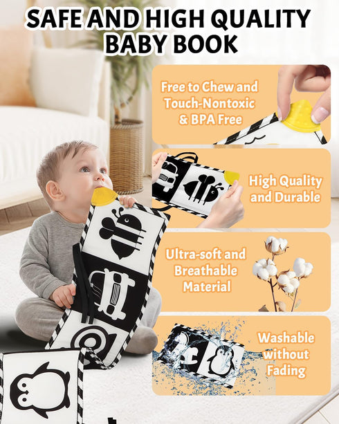 0-6-12 Tummy Baobrava High Contrast Baby Toys, Black and White Newborn Toys for Brain Development, Soft Baby Books